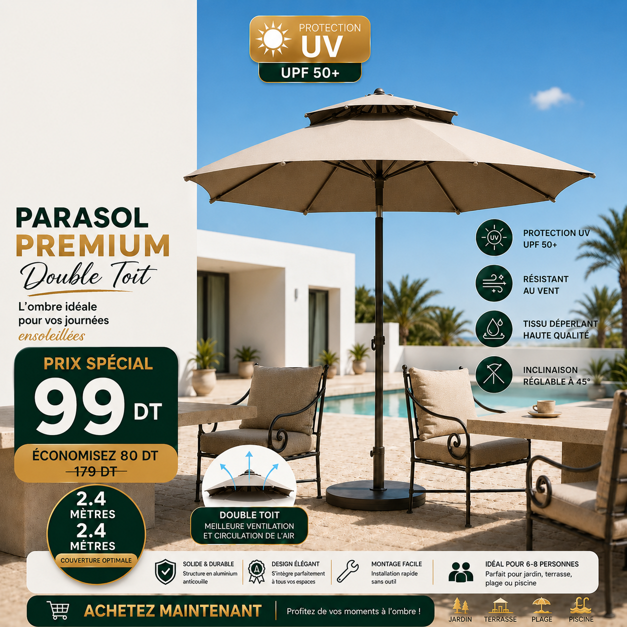 Parasol Patio Premium UPF 50+ 2.4m/2.4m