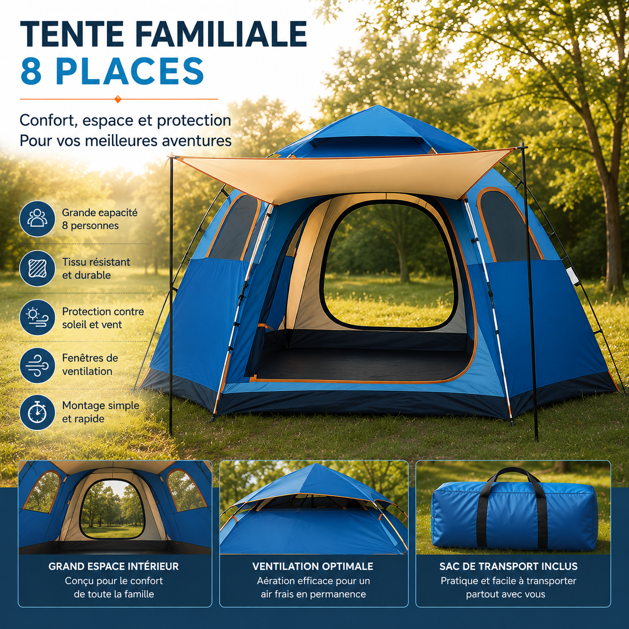 Tente Familiale 8 Places Hexagonale 6 Faces