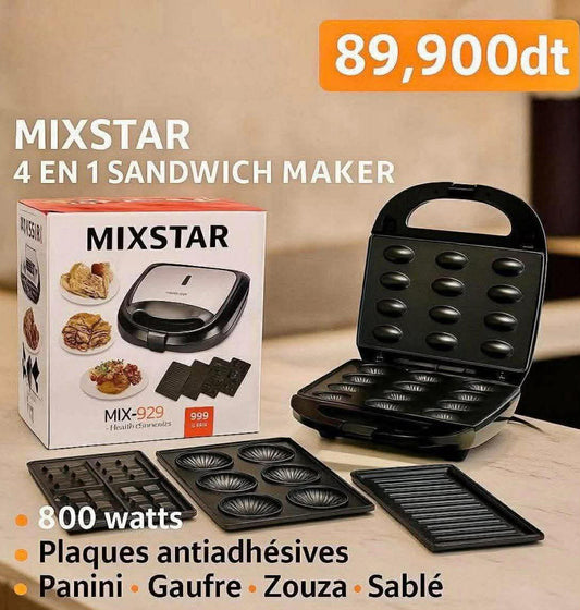 Mixstar Sandwich  4en1  Panini-Gaufre-Zouza-Maamoul 800W -