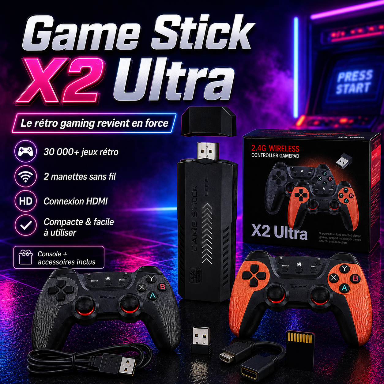 Game Stick X2 Ultra – Console Rétro 30 000 Jeux + 2 Manettes Sans Fil