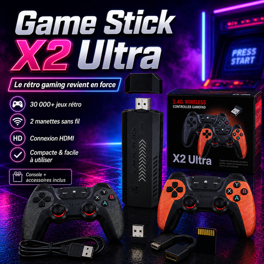 Game Stick X2 Ultra – Console Rétro 30 000 Jeux + 2 Manettes Sans Fil