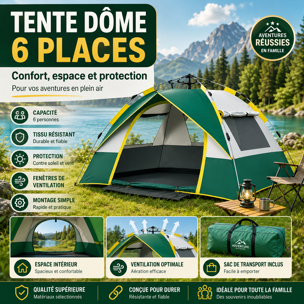Tente Dôme 6 Places - Vert avec accents jaunes