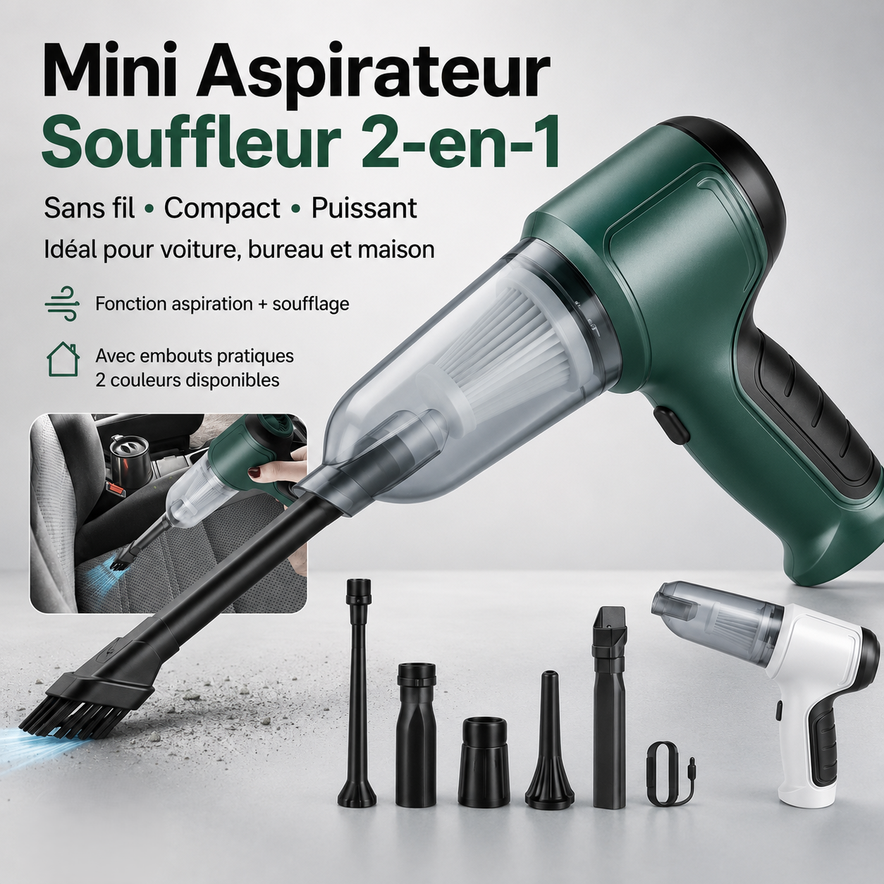 Mini Aspirateur Souffleur 2-en-1 Sans Fil - Vert et Blanc avec embouts