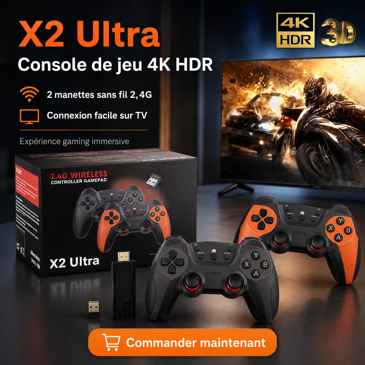 Game Stick X2 Ultra - Console de Jeu 4K HDR 3D avec 2 manettes sans fil 2.4G