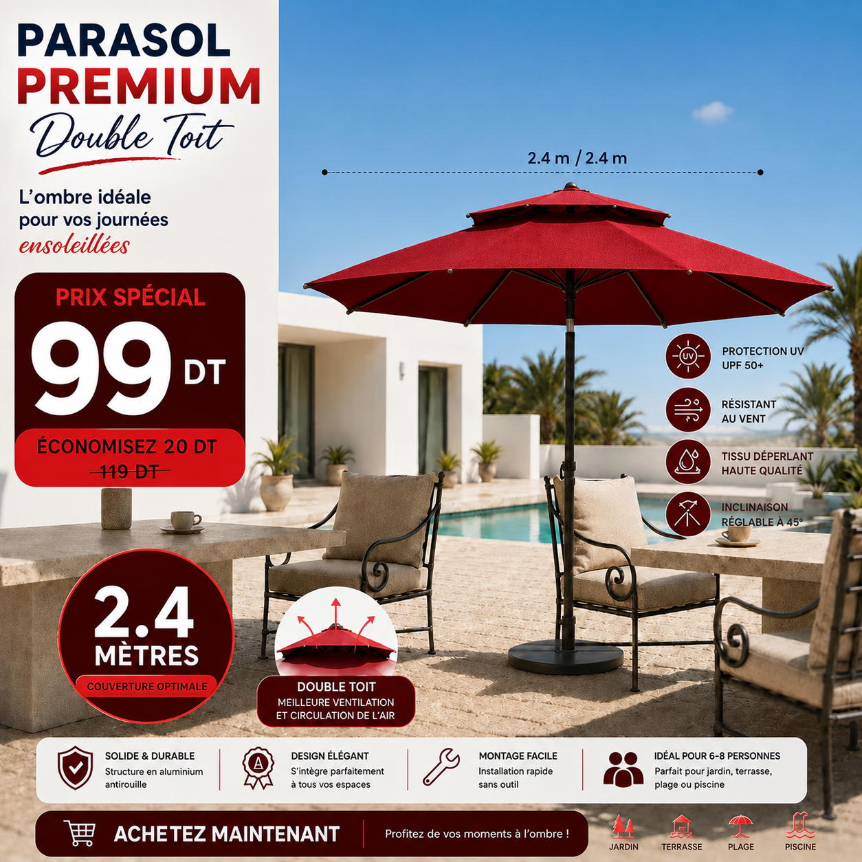 Parasol Patio Premium UPF 50+ 2.4m/2.4m