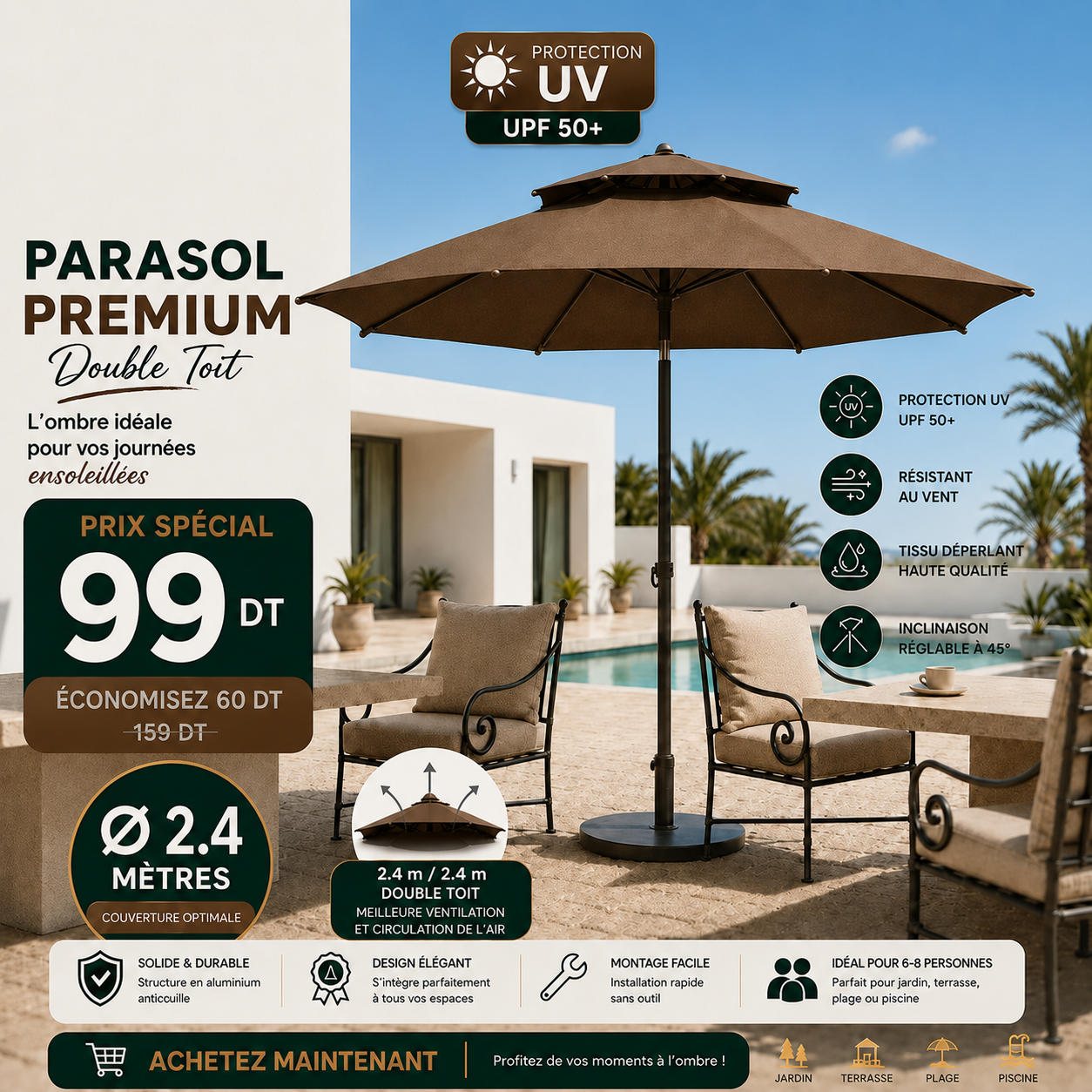 Parasol Patio Premium UPF 50+ 2.4m/2.4m