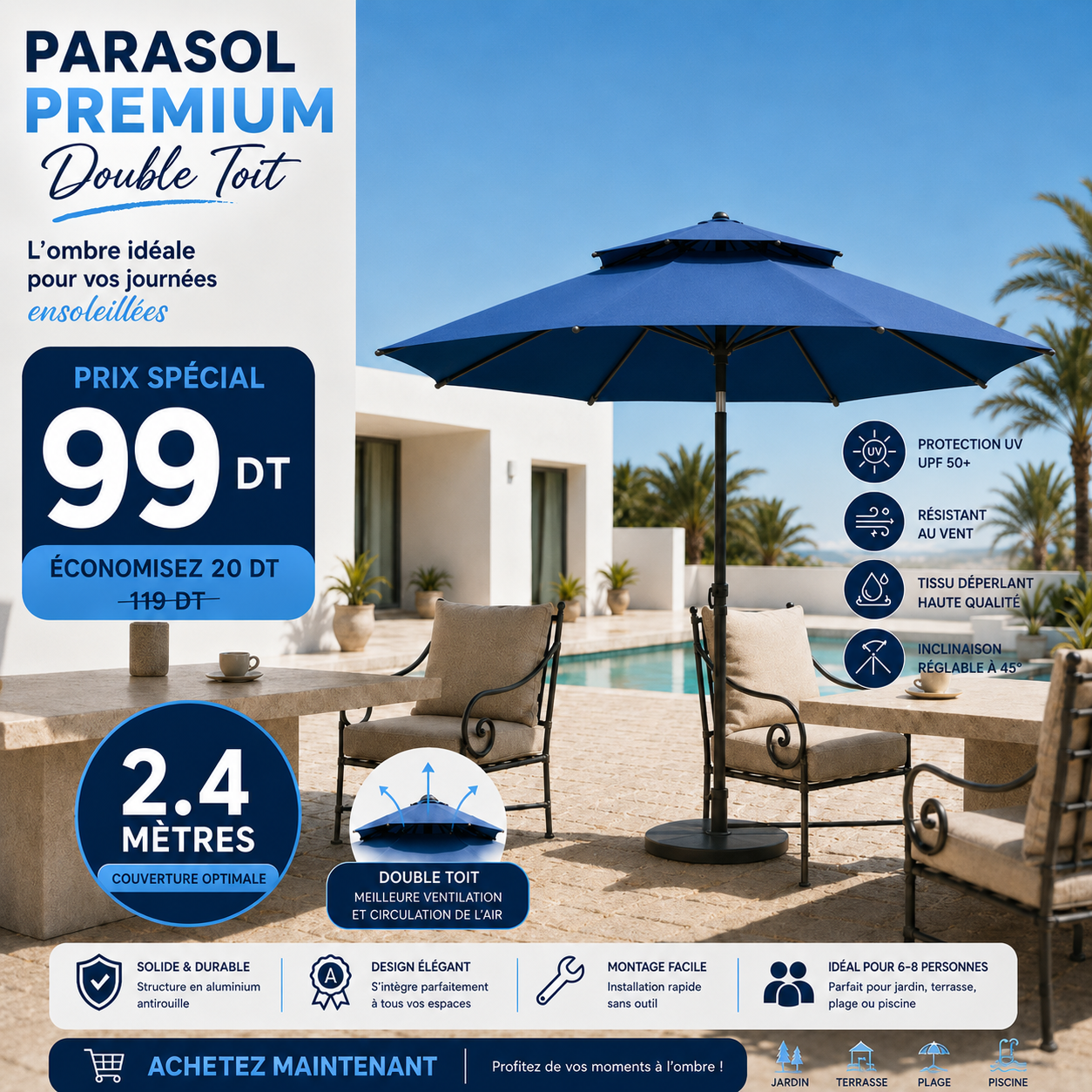 Parasol Patio Premium UPF 50+ 2.4m/2.4m