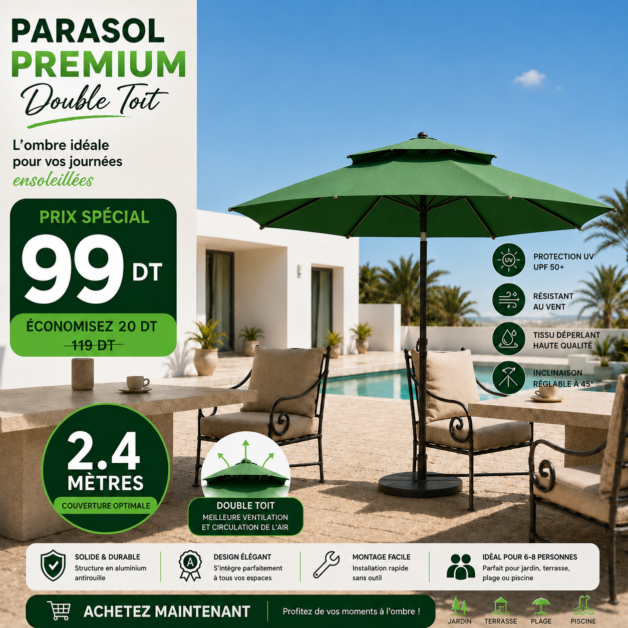Parasol Patio Premium UPF 50+ 2.4m/2.4m