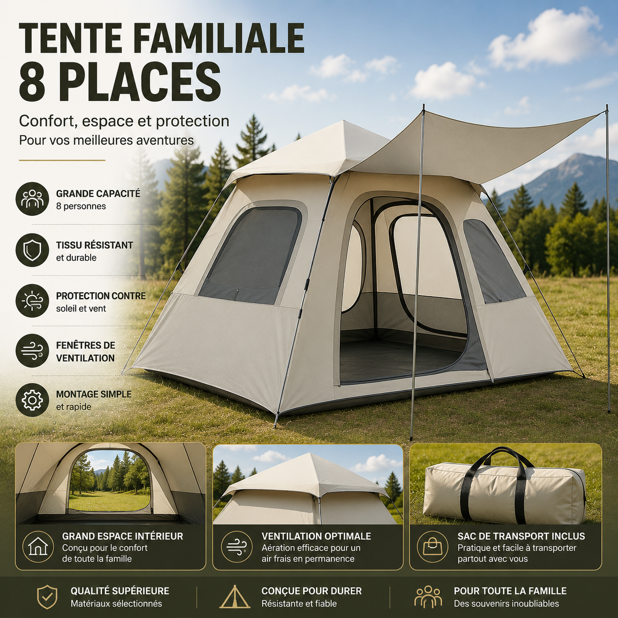 Tente Familiale Automatic  Hexagonale 8 Places 4Faces